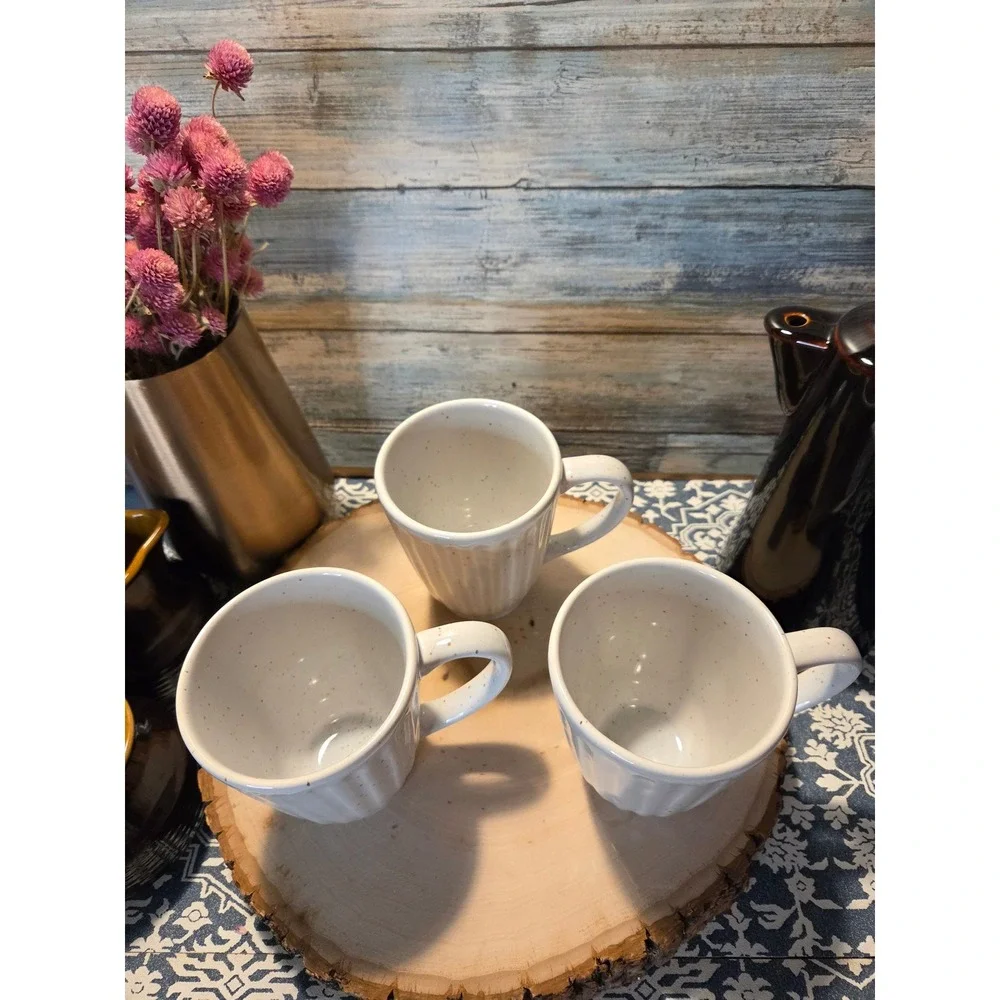 Set of‎ 3 West Elm Ribbed Speckled Stoneware Mugs White Rustic Farmhouse